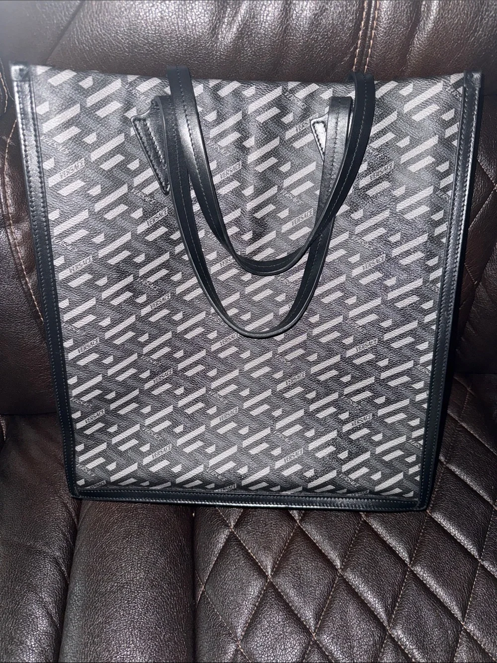 Versace Black and Gray Patterned Messenger Tote with Gold Logo